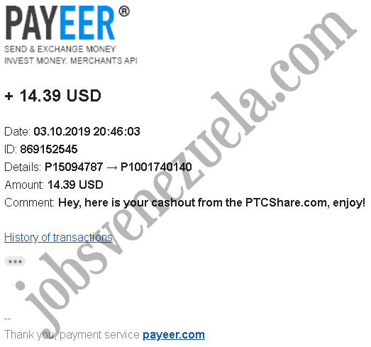 Prueba de pago de PTCShare Octubre 2019